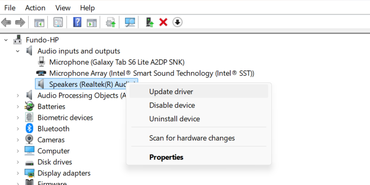 Updating an audio driver in Windows device manager.