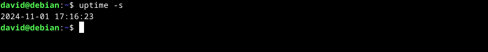 Output of uptime -s showing when the system was last booted.