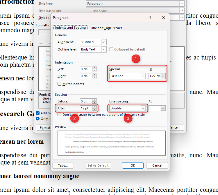 Various settings in Word's Style Paragraph dialog box are selected.