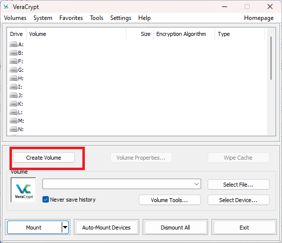 Veracrypt create volume button.