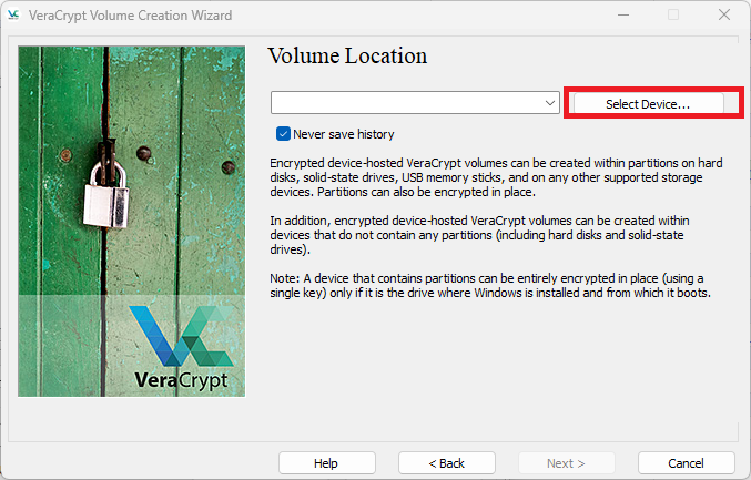 Veracrypt device selection.