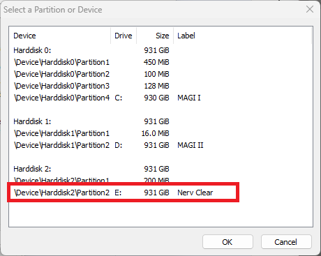 Veracrypt partition selection.