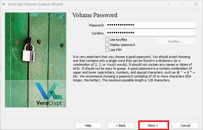 Veracrypt password selection.