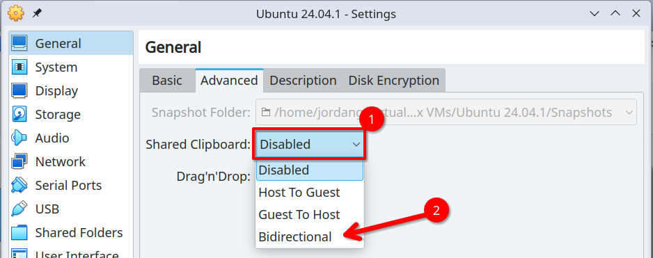 VirtualBox advanced general settings menu for a virtual machine with the Shared Clipboard dropdown box highlighted.