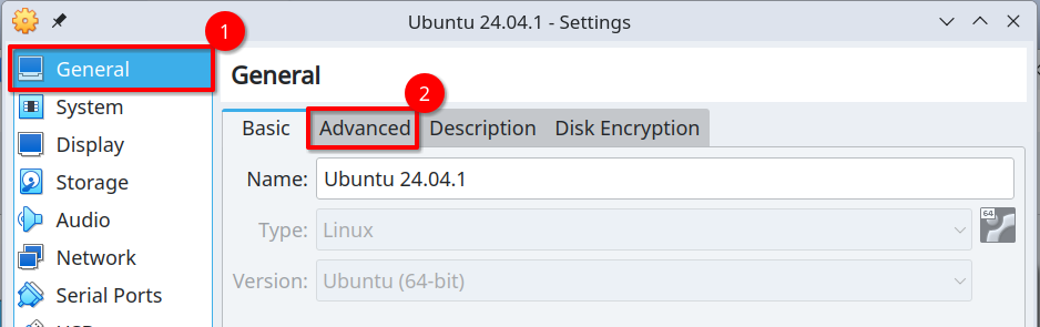 VirtualBox Settings menu for a virtual machine with the General selection and Advanced tabs highlighted.