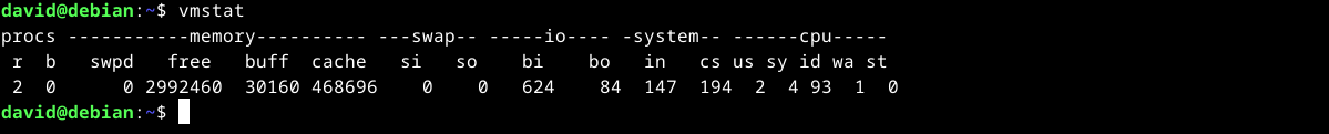 vmstat output in the Linux terminal.