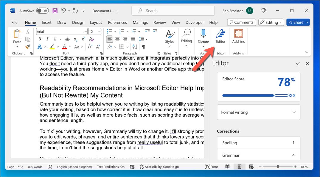 To begin using Microsoft Editor in Microsoft Word, select the Home tab, then press the Editor button.