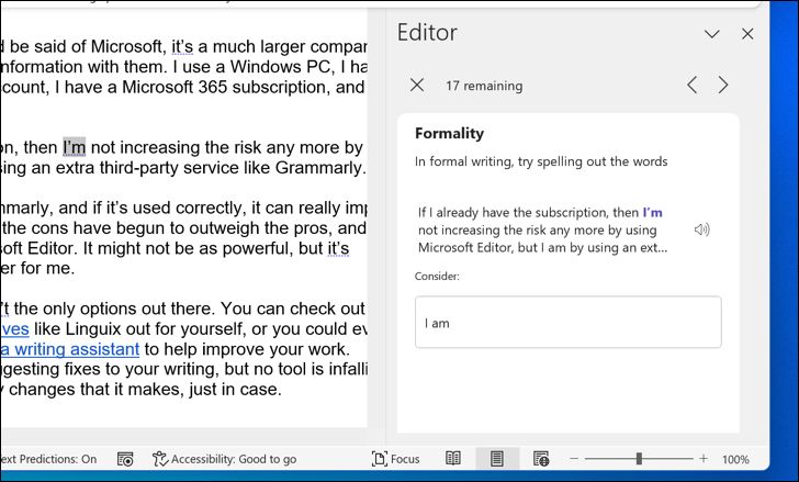 An example of Microsoft Editor offering readability suggestions in a Microsoft Word document.