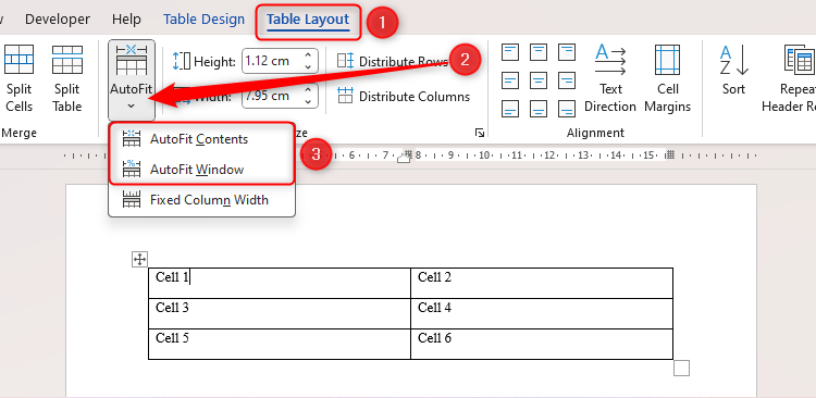 Word's AutoFit menu in the Table Layout tab.