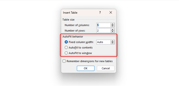 Word's Insert Table dialog box, with the width options selected.