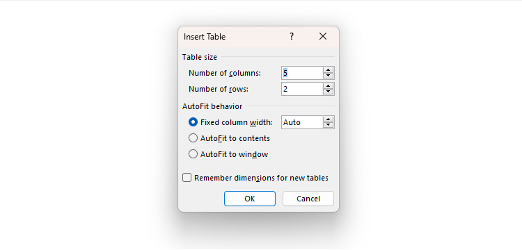 Word's Insert Table dialog box.