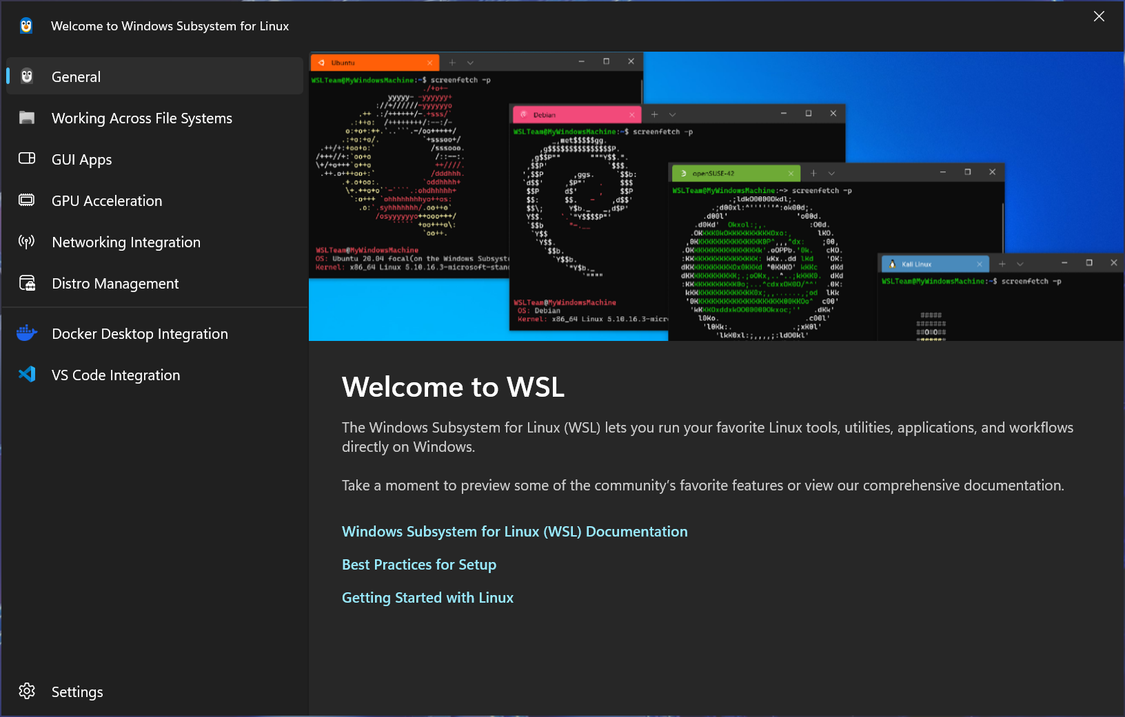 Screenshot of a Welcome to WSL window with tips.