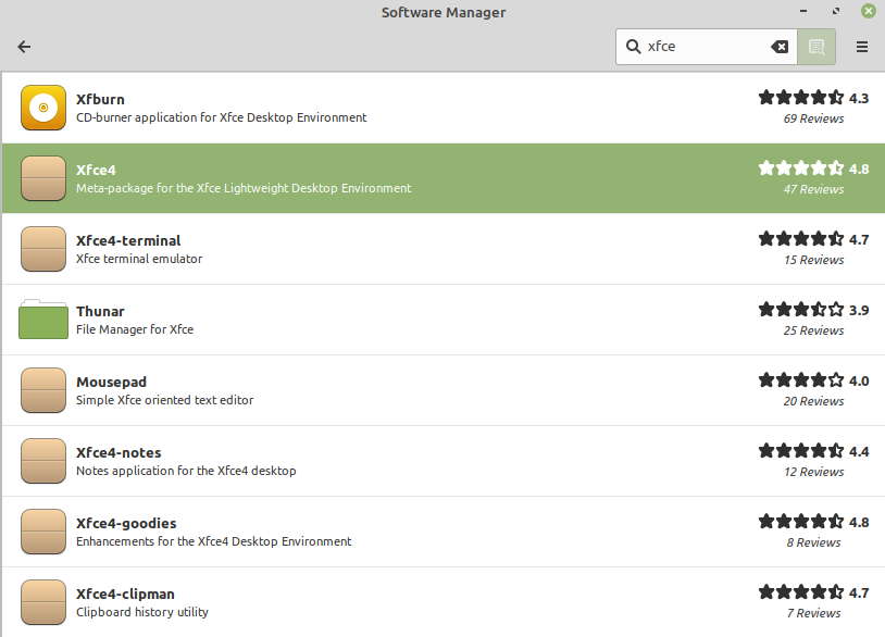 A picture of  Xfce in the Mint software manager.