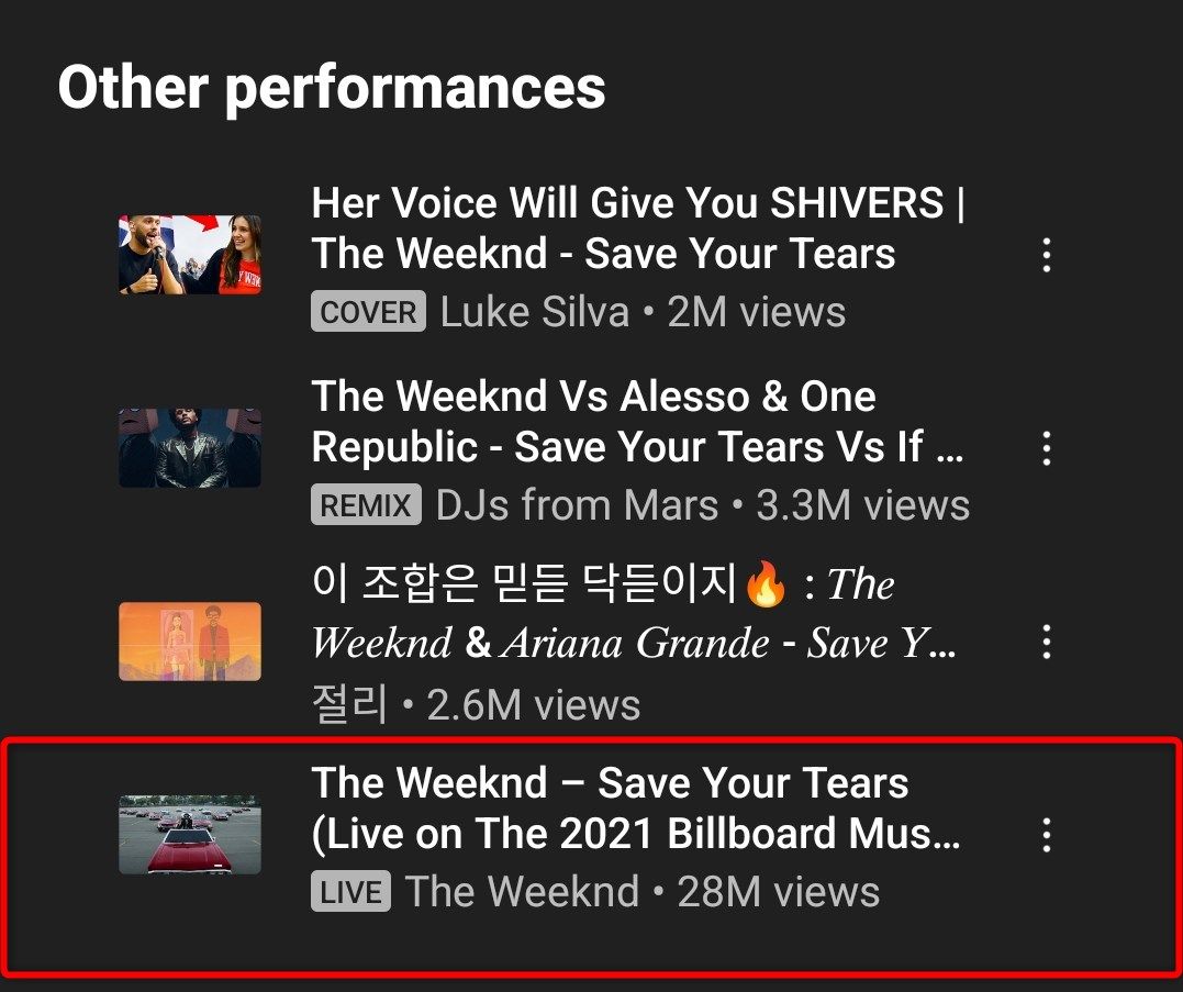 A list of similar song performances on YouTube Music