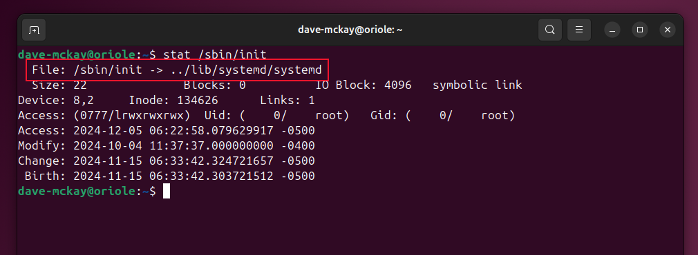 Using the stat command to see whether a Linux installation uses SystemV or systemd.