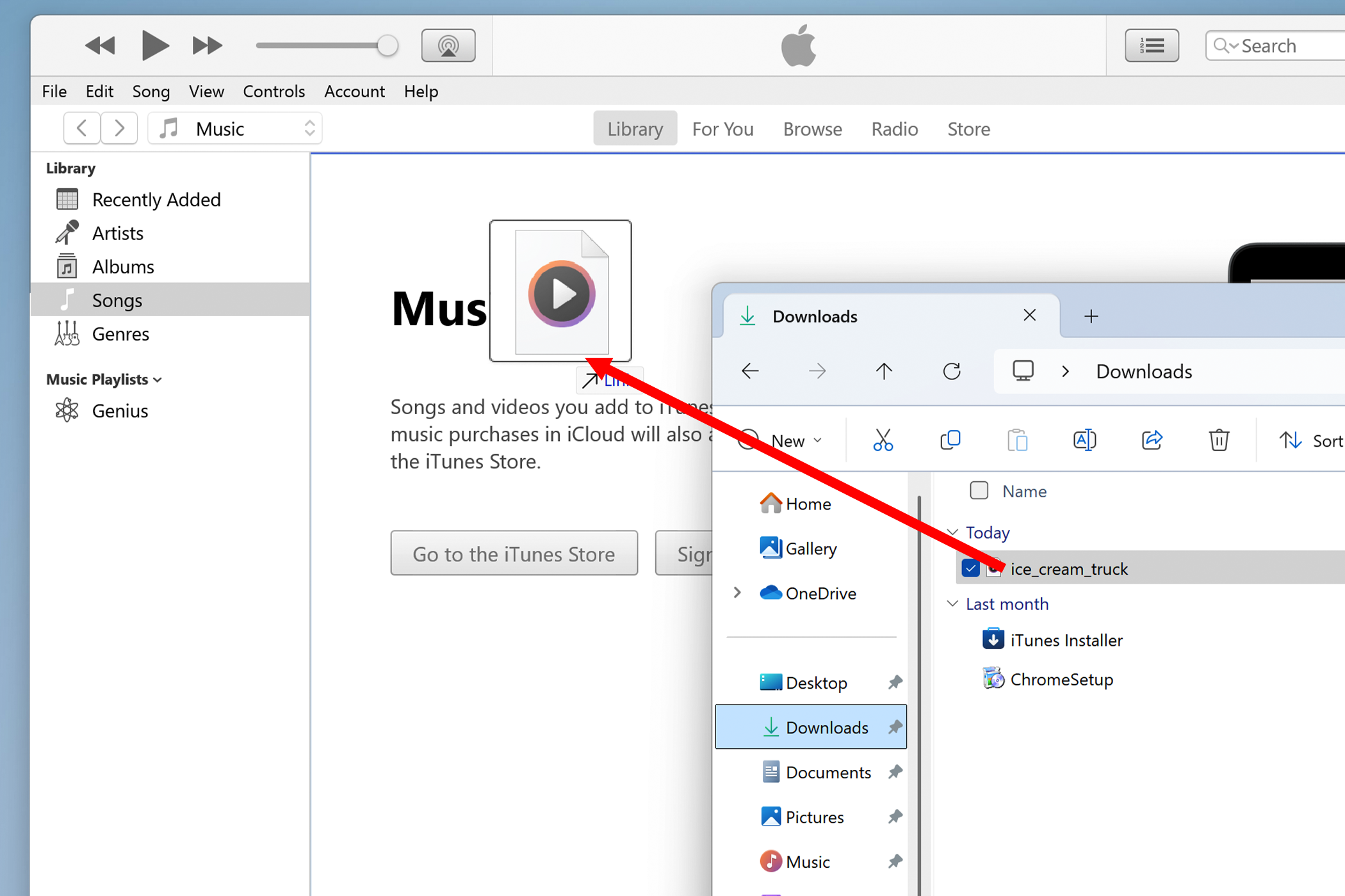 Перетаскивание аудиофайла в библиотеку iTunes.