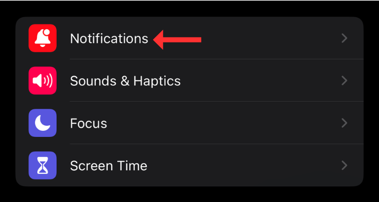 Screenshot of the iPhone's settings menu with an arrow next to the Notifications option.