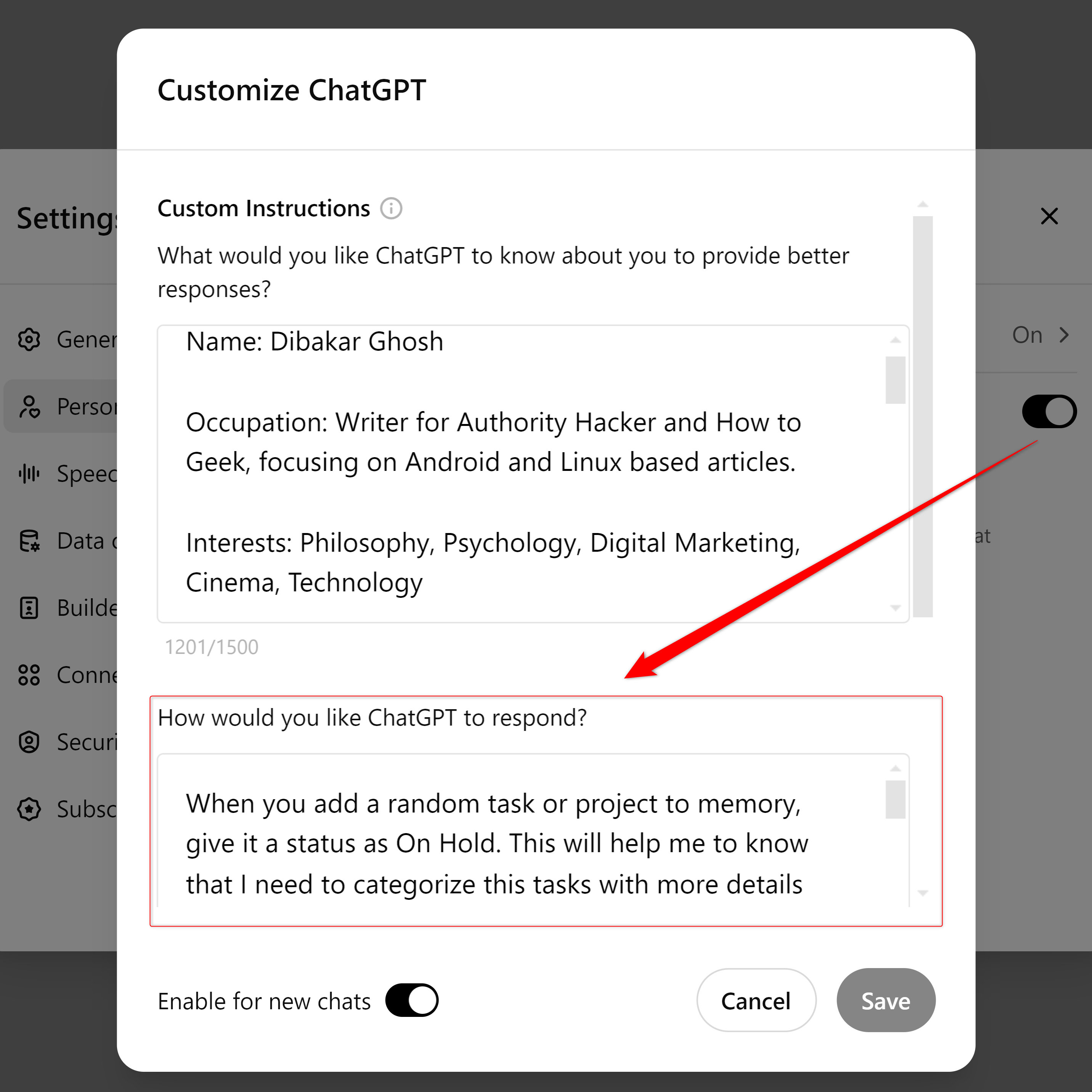 Adding project management prompt as custom instructions to ChatGPT.