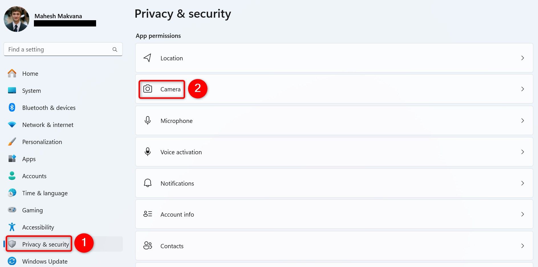 "Privacy & Security" and "Camera" highlighted in Windows 11 Settings.