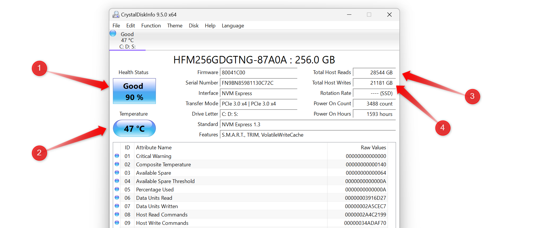 Checking the health of an SSD using the CrystalDiskInfo app on Windows.