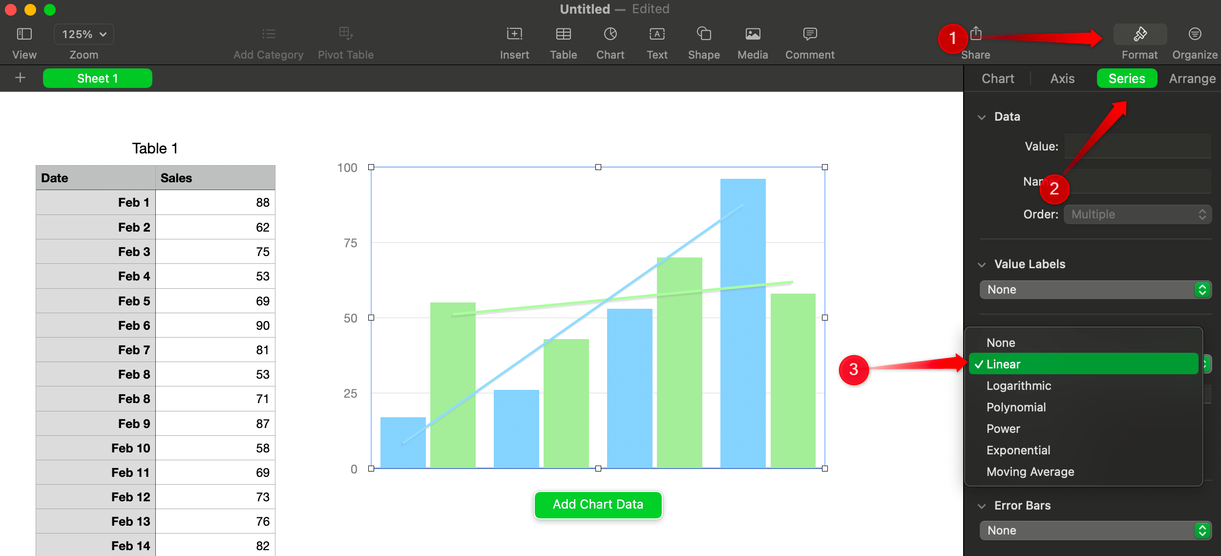 Creating a linear trendline in Apple Numbers.