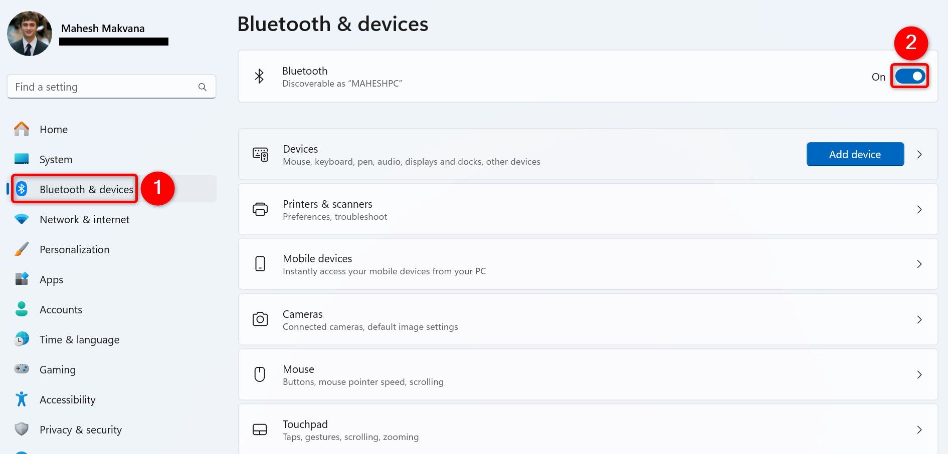 "Bluetooth & Devices" and "Bluetooth" highlighted in Windows 11 Settings.