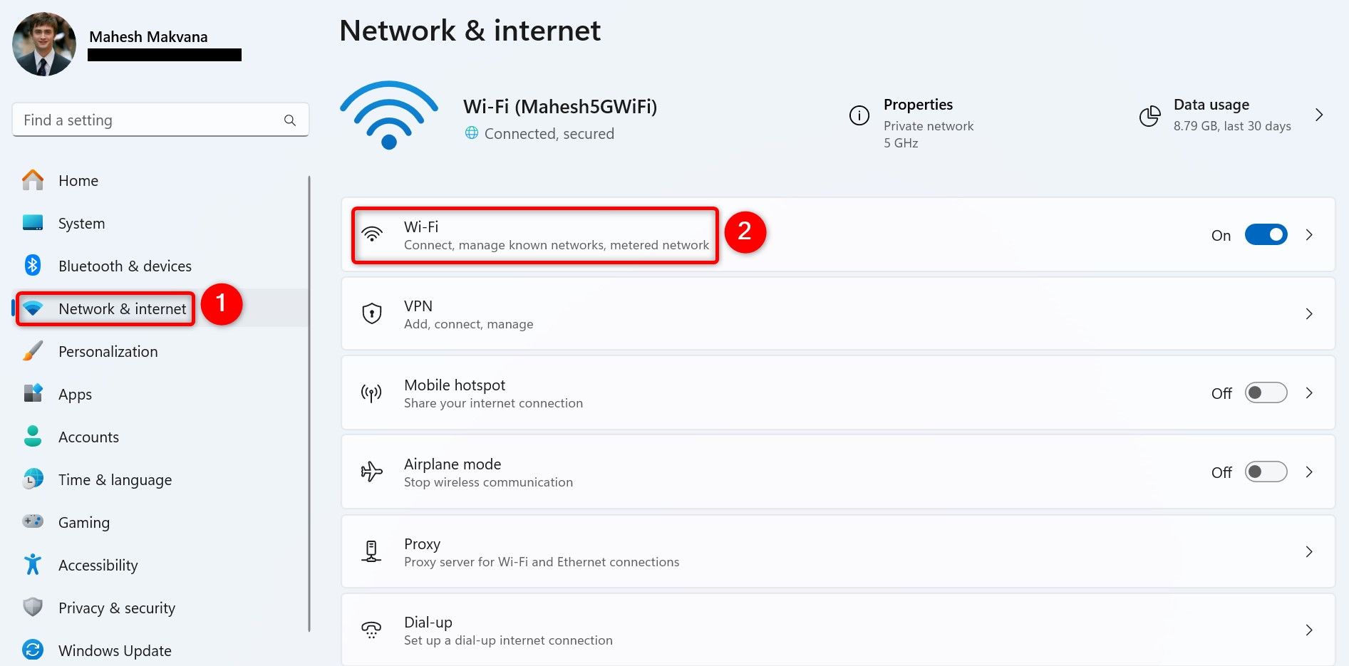 "Network & Internet" and "Wi-Fi" highlighted in Settings.