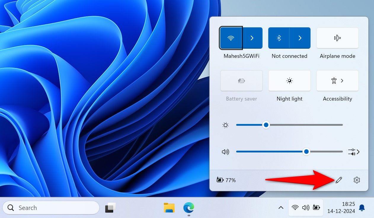 The pencil icon highlighted in Action Center.