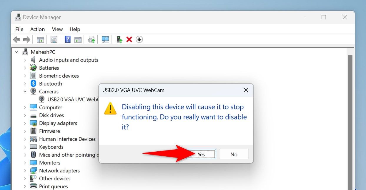 "Yes" highlighted in the webcam disable prompt.