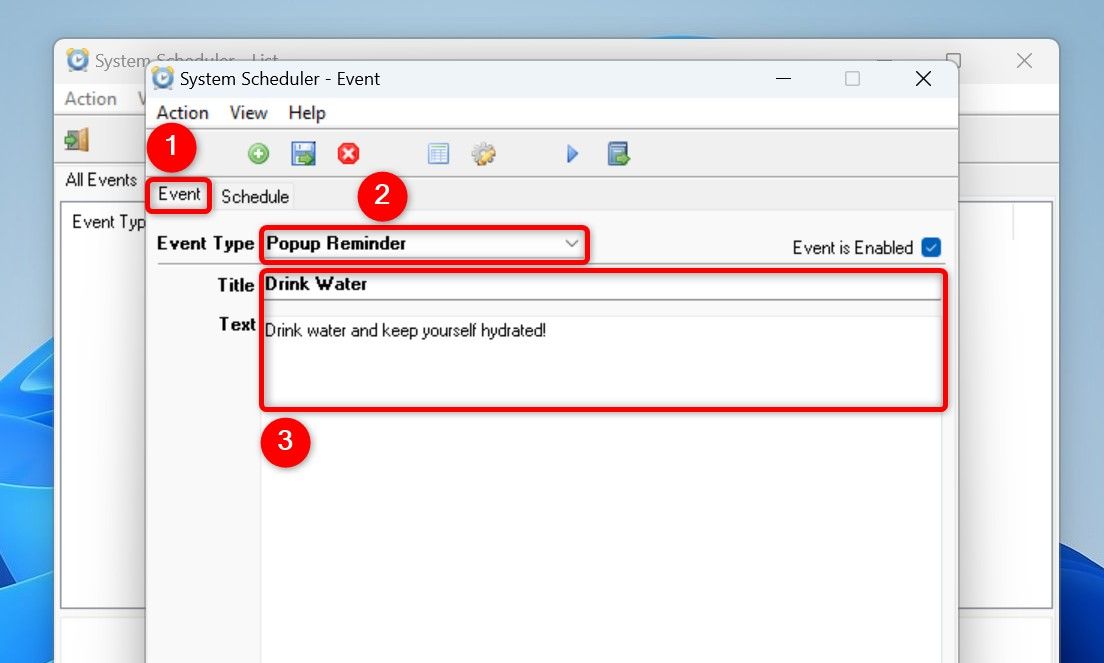 The "Event" tab and its options highlighted in System Scheduler.