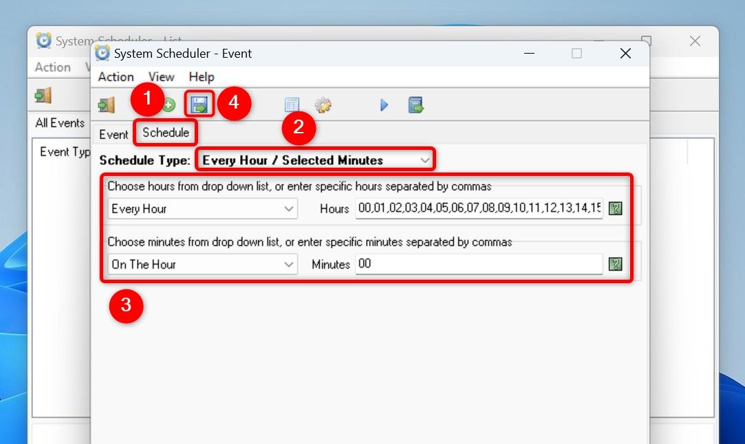 The "Schedule" tab and its options highlighted in System Scheduler.