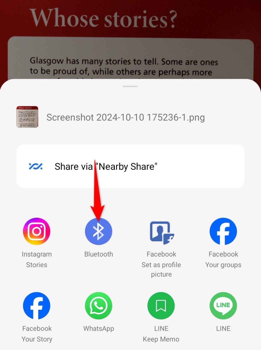 "Bluetooth" highlighted in Android's share sheet.