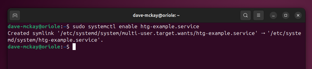 Enabling a service with the systemctl enable command.