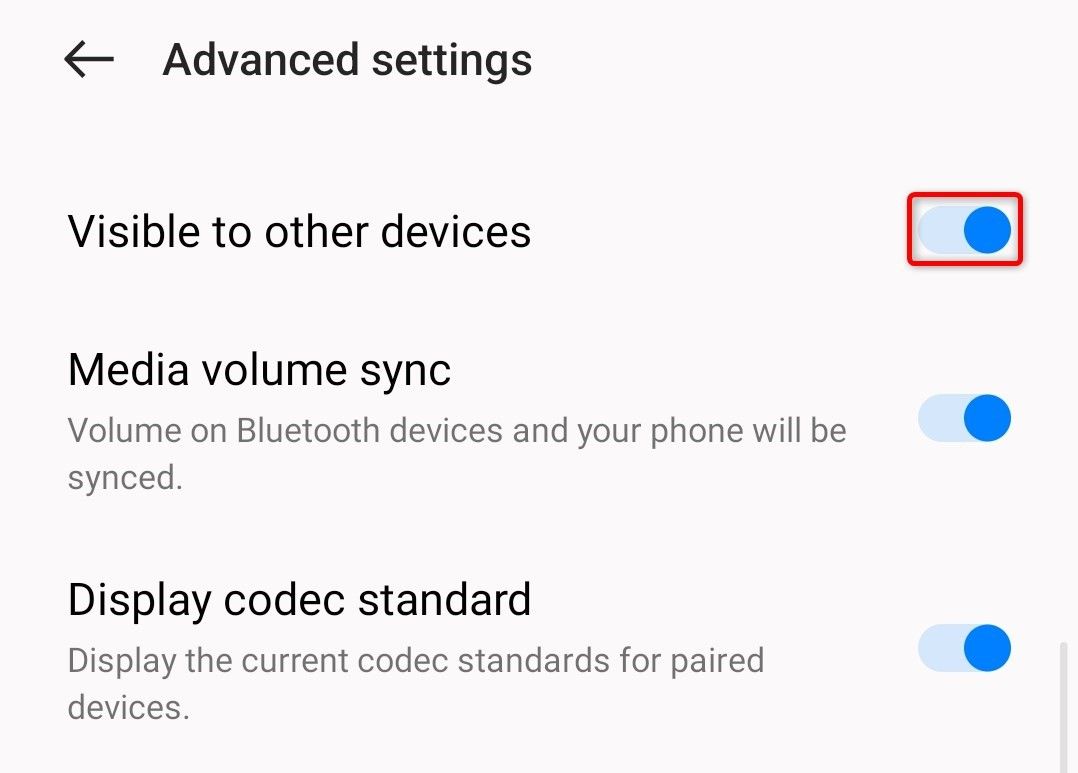 "Visible to Other Devices" highlighted in Bluetooth settings on Android.