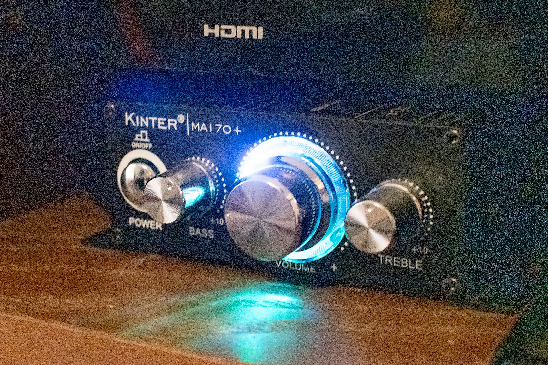 Closeup of the Kinter amplifier's bright power light.