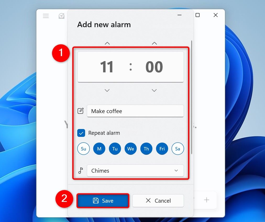 The options to create a new alarm highlighted in Clock.