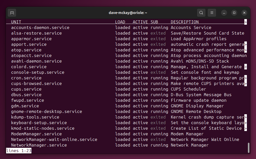 The output from the systemctl list-units command, showing running and exited services.