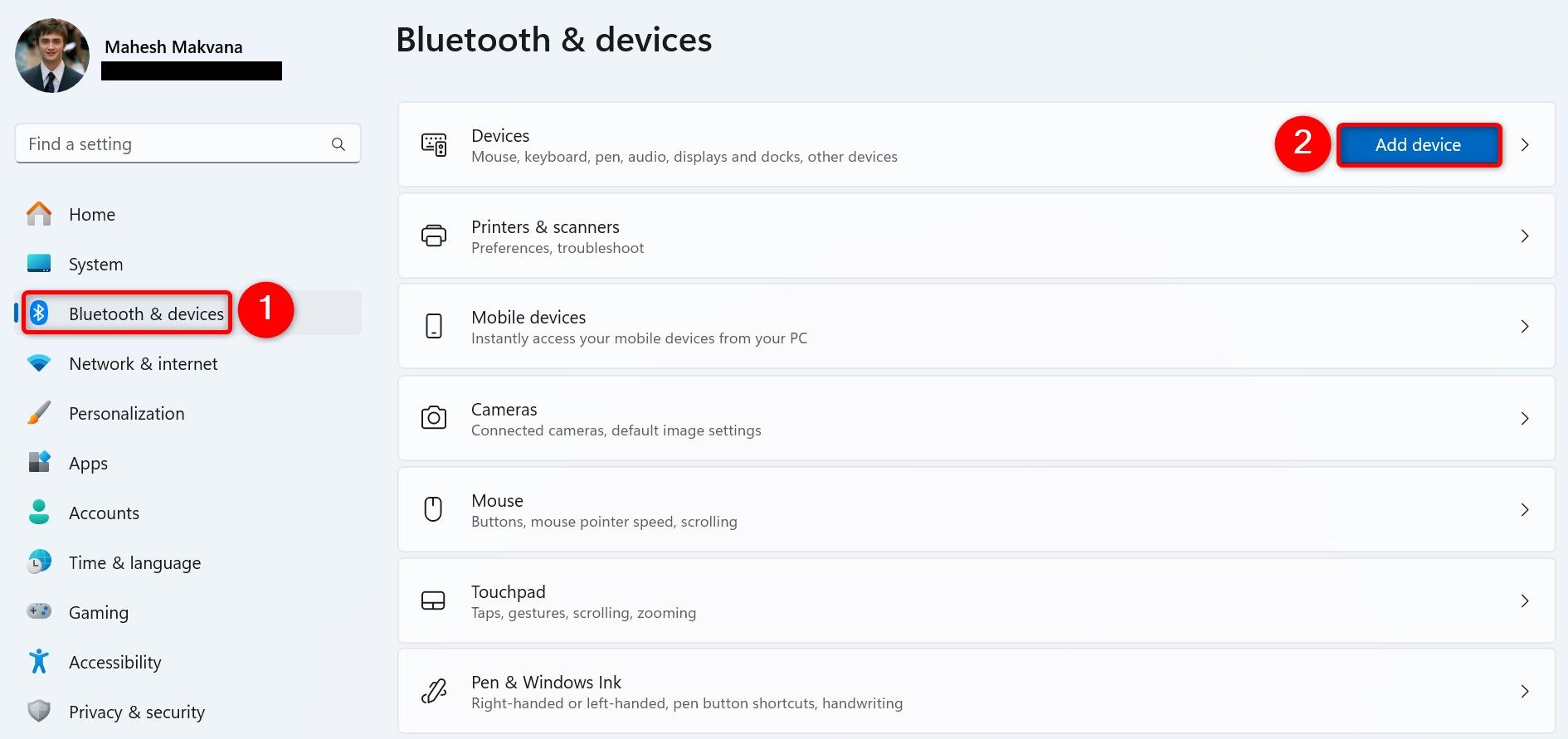 "Bluetooth & Devices" and "Add Device" highlighted in Windows 11 Settings.