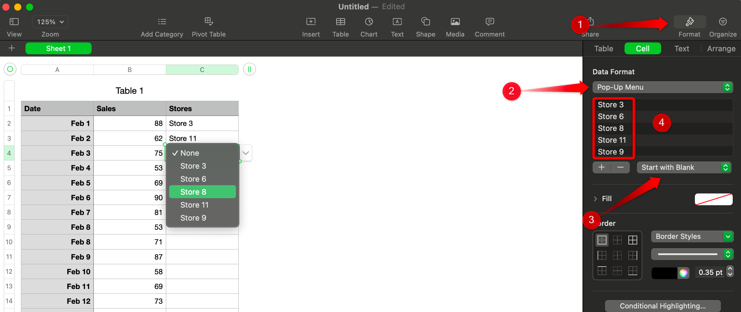 Creating a dropdown list in a cell in Apple Numbers.