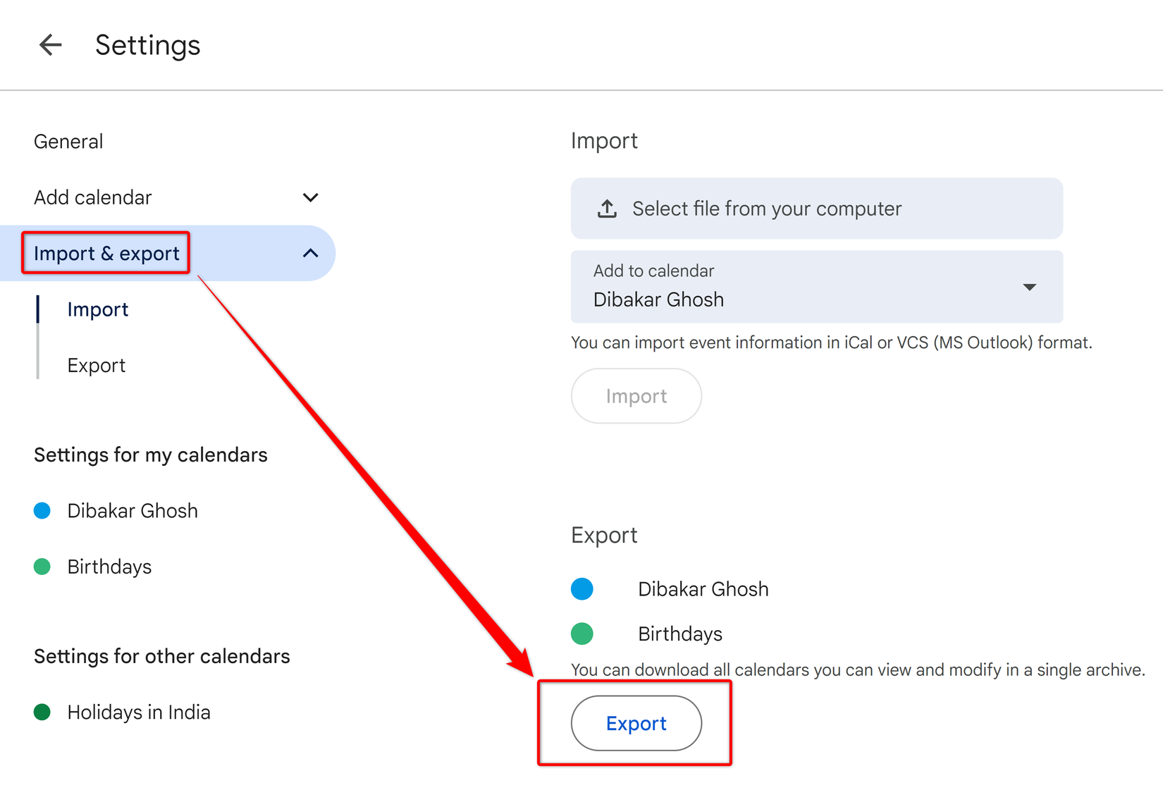 Xuất lịch Google Calendar thành file ICAL.