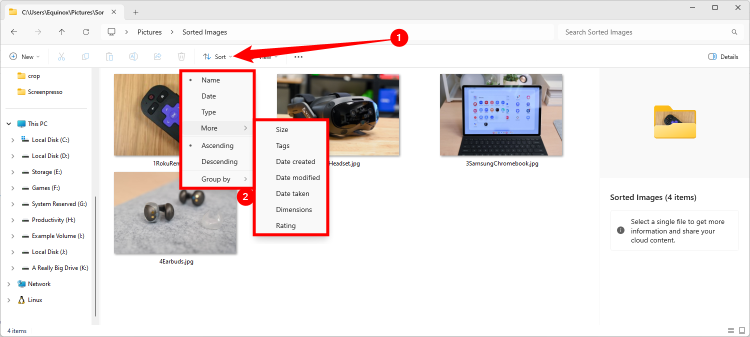 Select "Sort," then select the sorting criteria you want to use. 