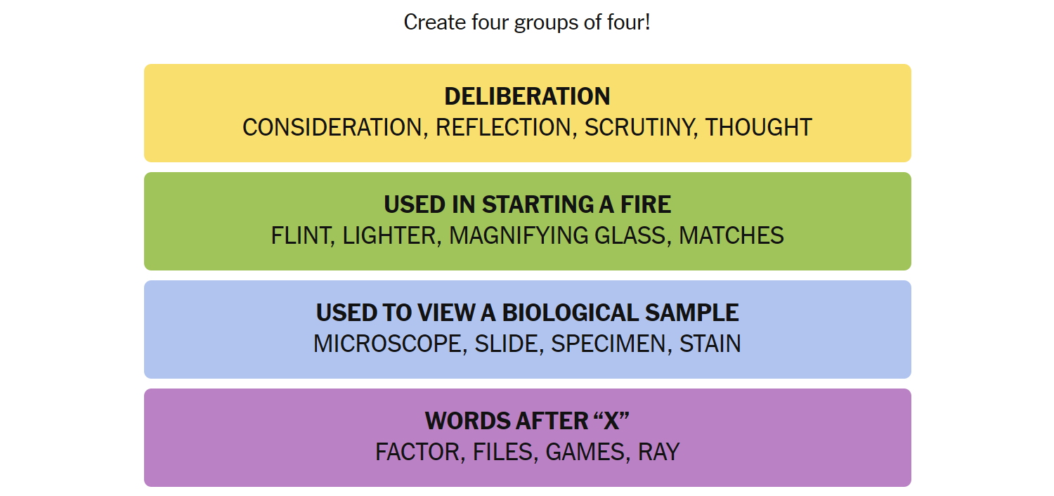 The words for December 9th sorted into groups. 