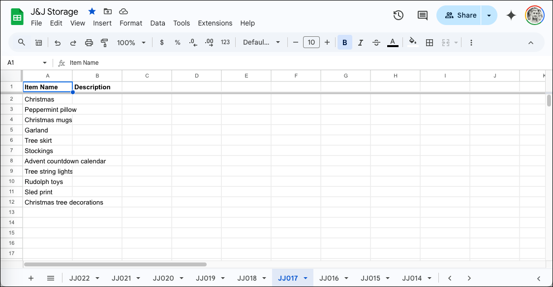 Google Sheet organization tabs.