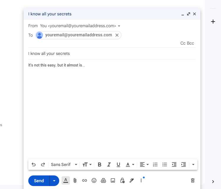 An example of an email being sent from and to the same email address.