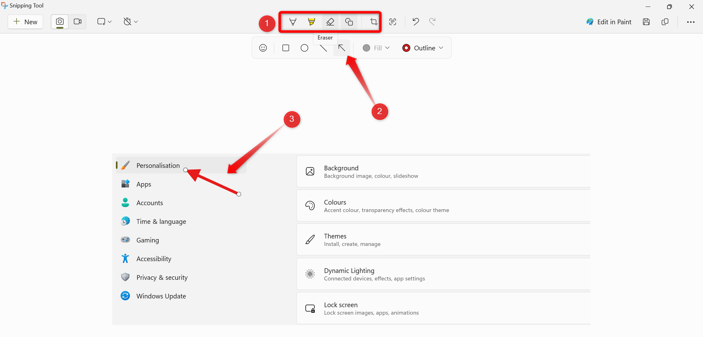 Annotating a screenshot in Snipping tool on Windows.