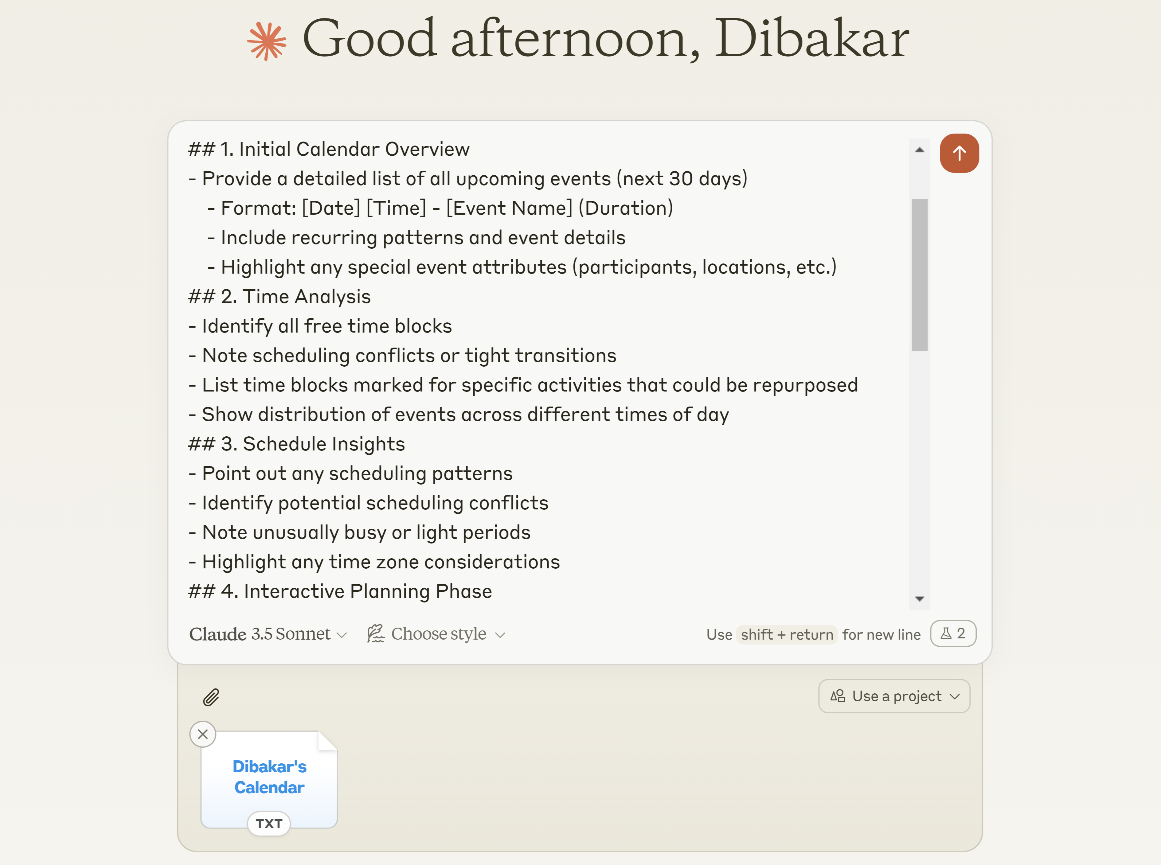 Inserting calendar management prompt into Claude.