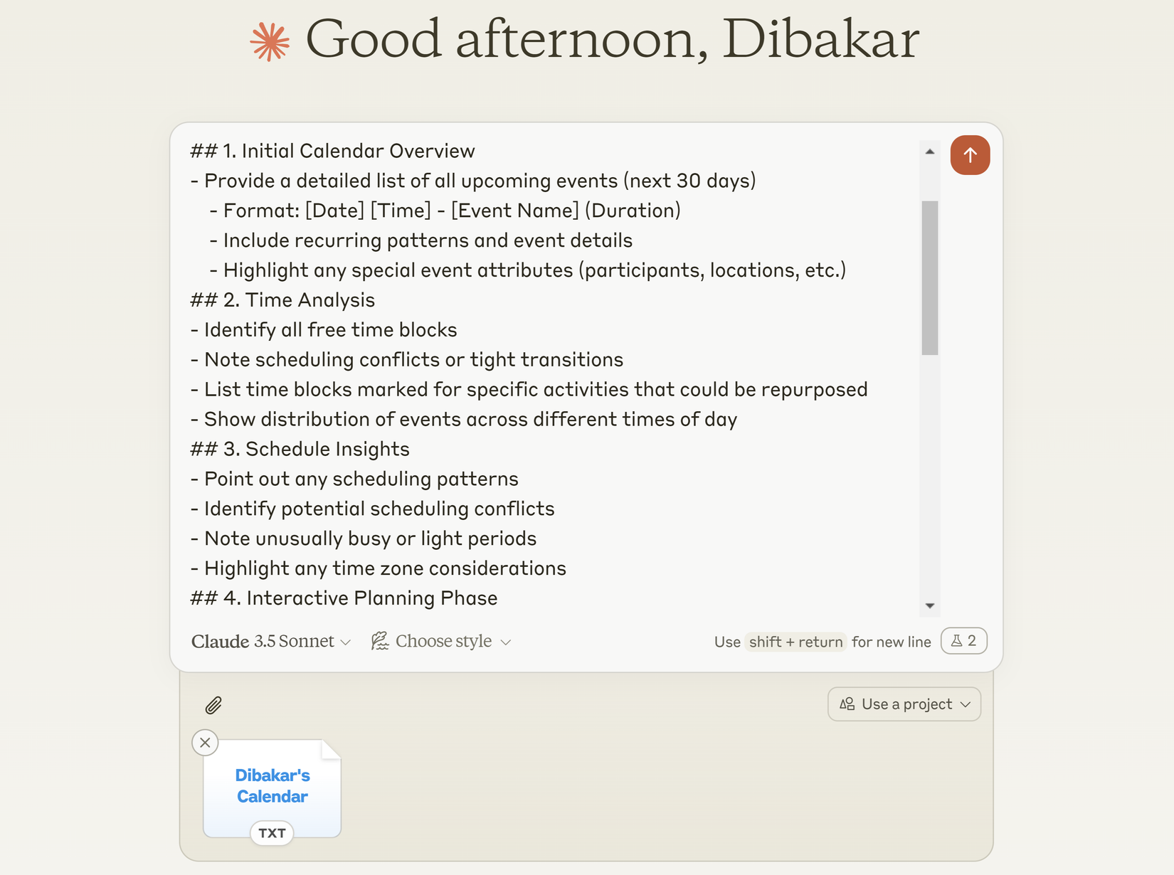 Chèn prompt quản lý lịch vào Claude.