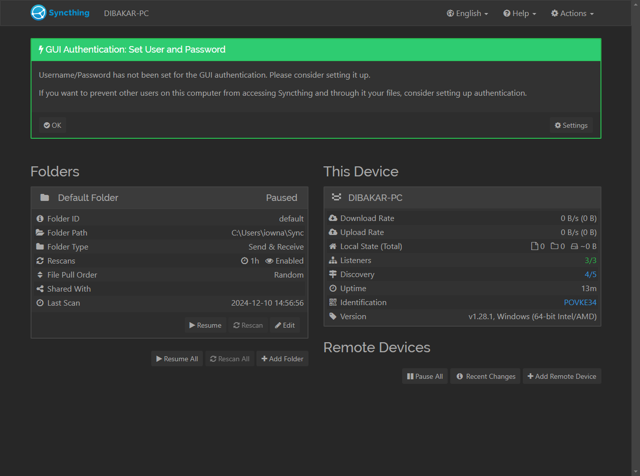 Syncthing web app user interface on PC.