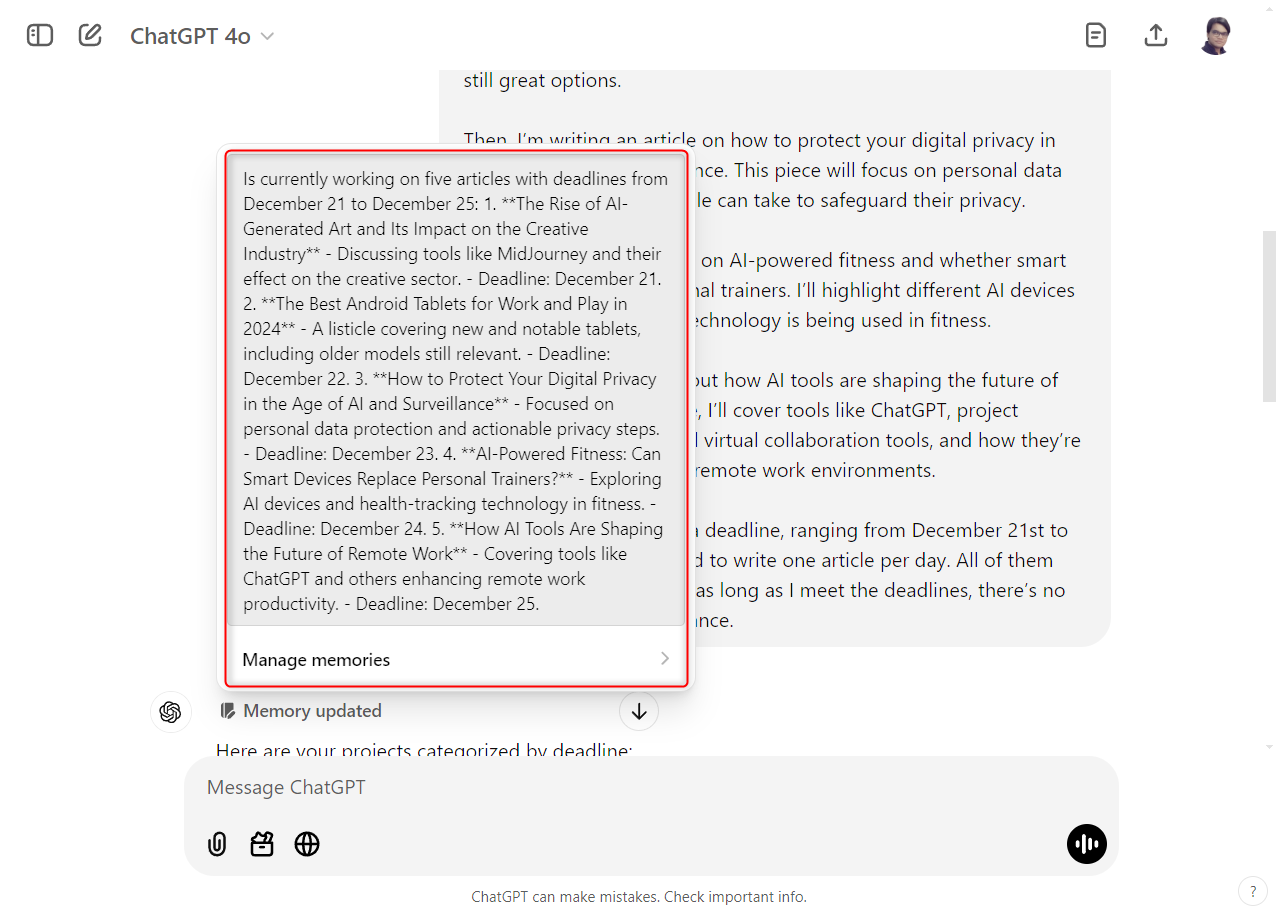 Các công việc mới được tạo sẽ tự động lưu vào bộ nhớ của ChatGPT.