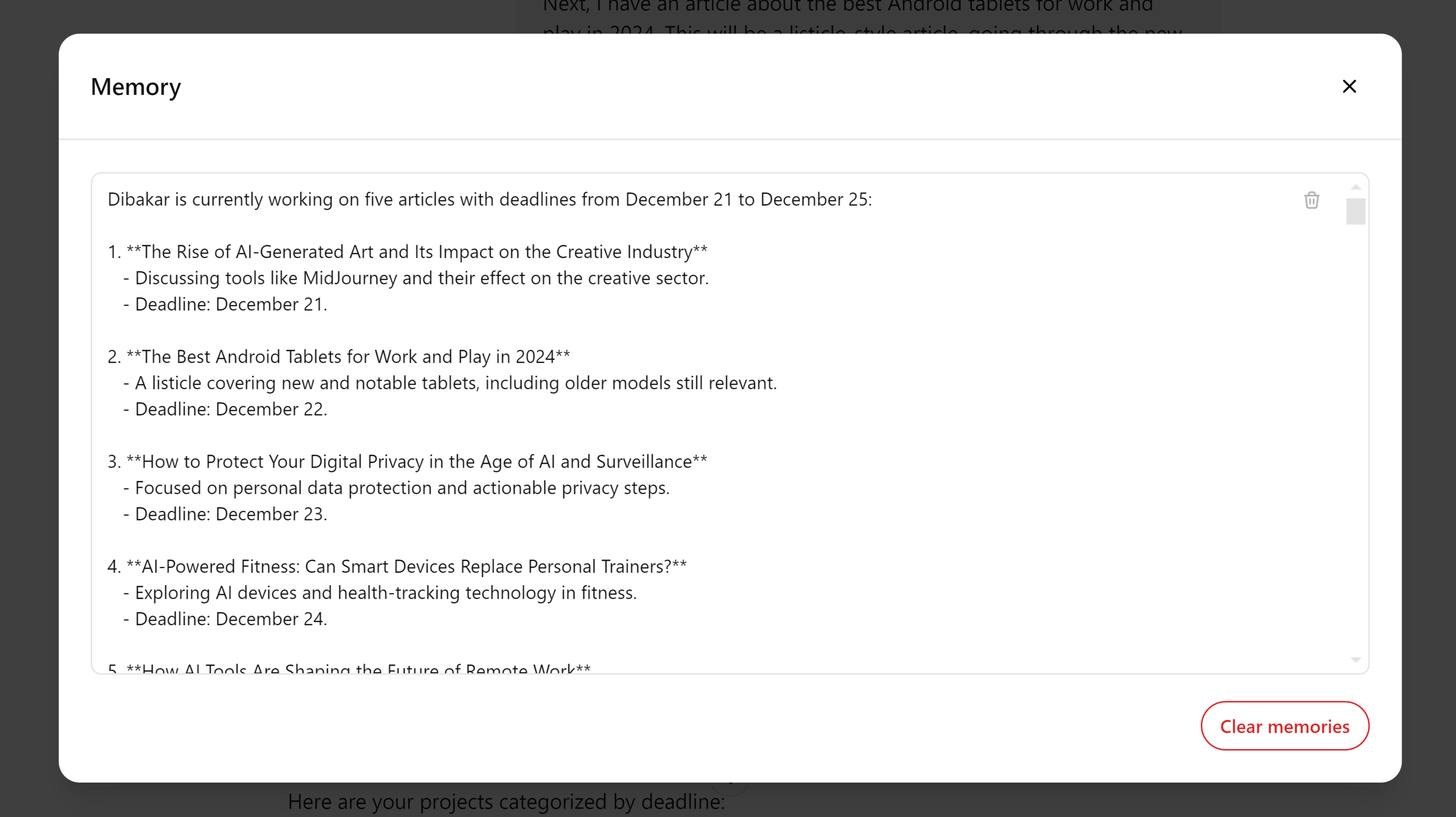 Xem các công việc qua bộ nhớ của ChatGPT.